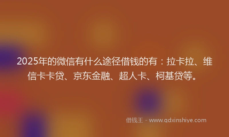 2025年的微信有什么途径借钱的有：拉卡拉、维信卡卡贷、京东金融、超人卡、柯基贷等。
