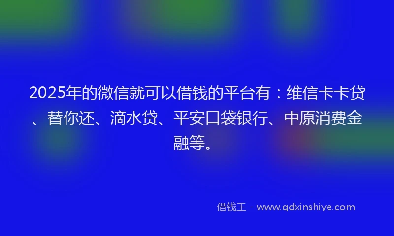 2025年的微信就可以借钱的平台有：维信卡卡贷、替你还、滴水贷、平安口袋银行、中原消费金融等。