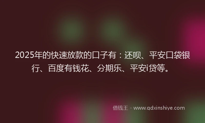 2025年的快速放款的口子有：还呗、平安口袋银行、百度有钱花、分期乐、平安i贷等。