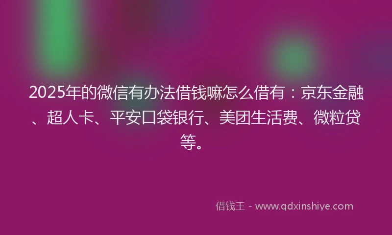 2025年的微信有办法借钱嘛怎么借有：京东金融、超人卡、平安口袋银行、美团生活费、微粒贷等。
