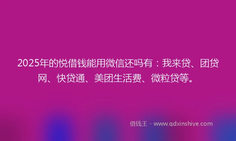 2025年的悦借钱能用微信还吗有：我来贷、团贷网、快贷通、美团生活费、微粒贷等。