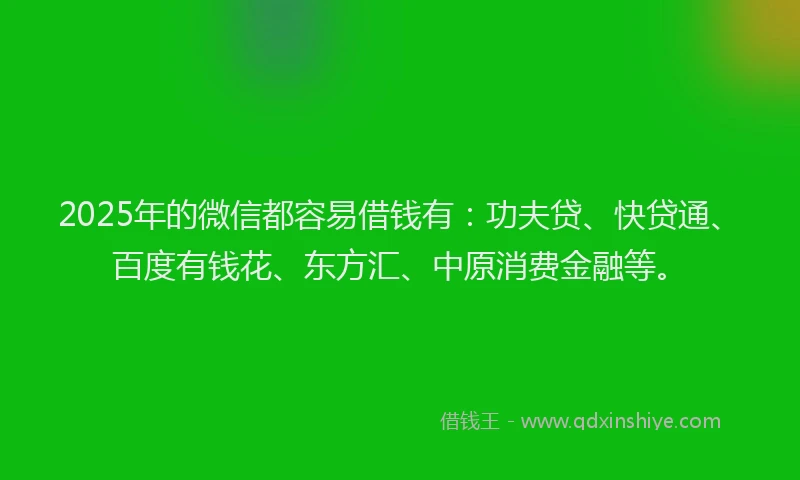 2025年的微信都容易借钱有：功夫贷、快贷通、百度有钱花、东方汇、中原消费金融等。