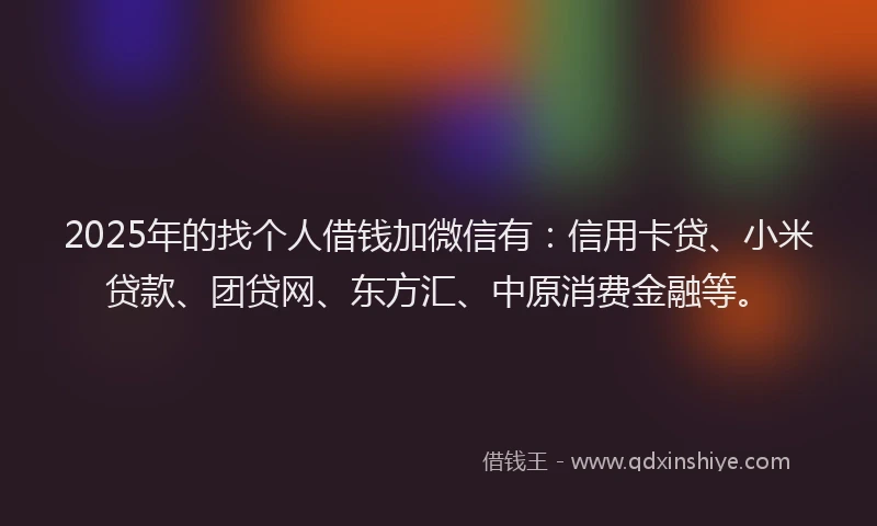2025年的找个人借钱加微信有：信用卡贷、小米贷款、团贷网、东方汇、中原消费金融等。