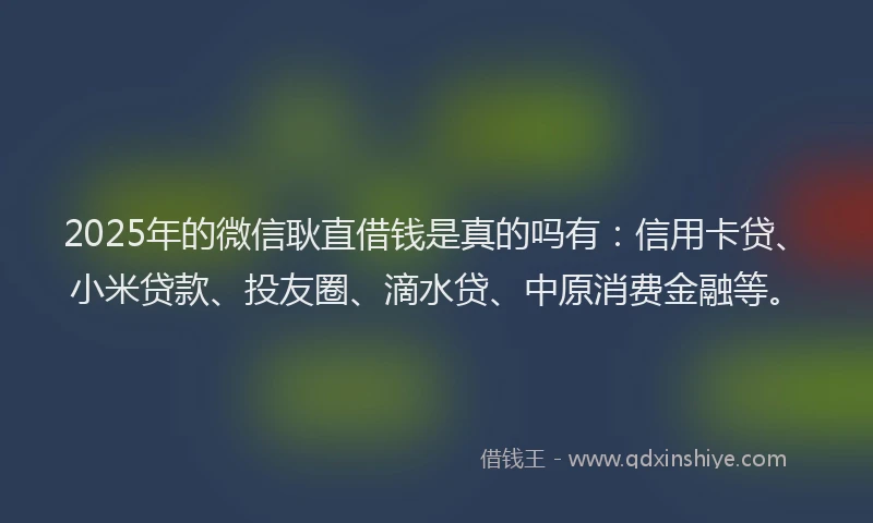2025年的微信耿直借钱是真的吗有：信用卡贷、小米贷款、投友圈、滴水贷、中原消费金融等。