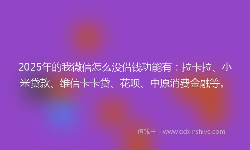 2025年的我微信怎么没借钱功能有：拉卡拉、小米贷款、维信卡卡贷、花呗、中原消费金融等。