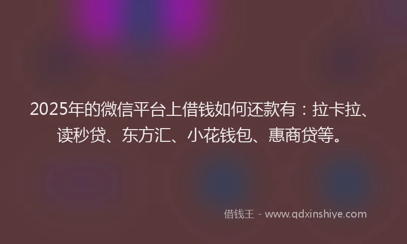 2025年的微信平台上借钱如何还款有：拉卡拉、读秒贷、东方汇、小花钱包、惠商贷等。