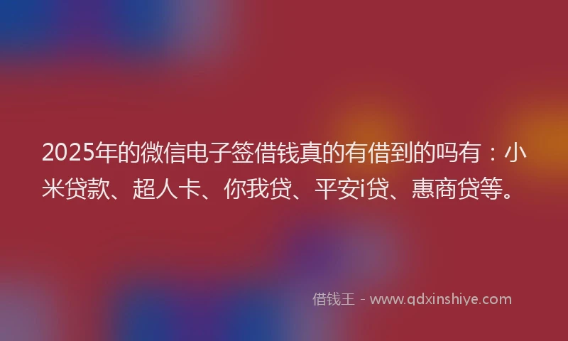2025年的微信电子签借钱真的有借到的吗有：小米贷款、超人卡、你我贷、平安i贷、惠商贷等。