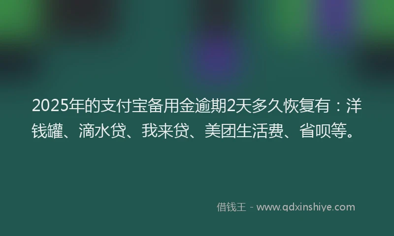 2025年的支付宝备用金逾期2天多久恢复有：洋钱罐、滴水贷、我来贷、美团生活费、省呗等。