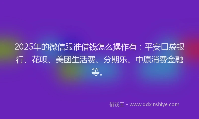 2025年的微信跟谁借钱怎么操作有：平安口袋银行、花呗、美团生活费、分期乐、中原消费金融等。