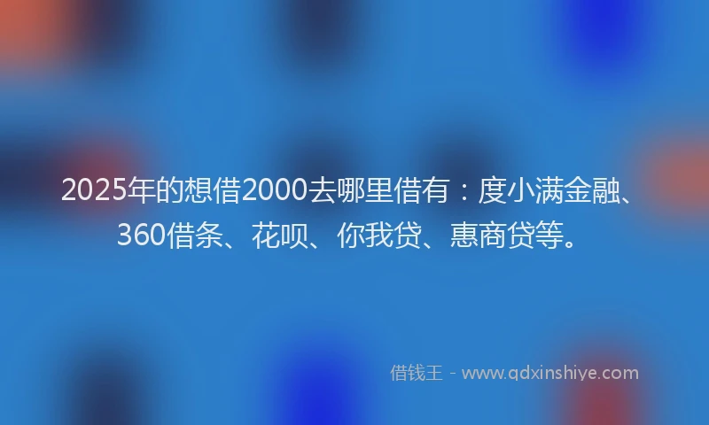 2025年的想借2000去哪里借有：度小满金融、360借条、花呗、你我贷、惠商贷等。