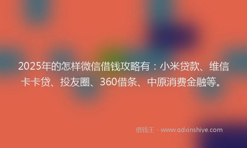 2025年的怎样微信借钱攻略有：小米贷款、维信卡卡贷、投友圈、360借条、中原消费金融等。