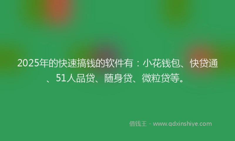 2025年的快速搞钱的软件有：小花钱包、快贷通、51人品贷、随身贷、微粒贷等。