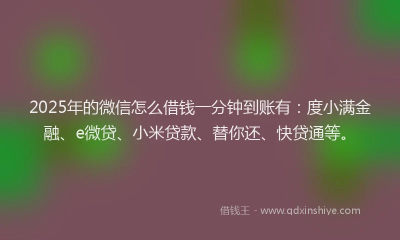 2025年的微信怎么借钱一分钟到账有：度小满金融、e微贷、小米贷款、替你还、快贷通等。