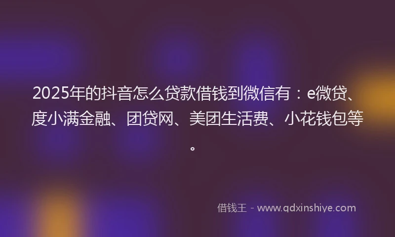 2025年的抖音怎么贷款借钱到微信有：e微贷、度小满金融、团贷网、美团生活费、小花钱包等。