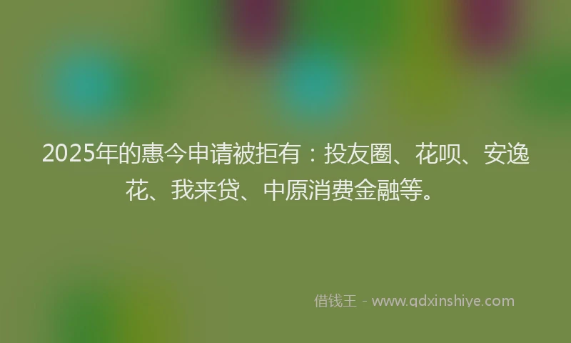 2025年的惠今申请被拒有：投友圈、花呗、安逸花、我来贷、中原消费金融等。
