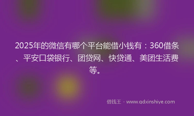 2025年的微信有哪个平台能借小钱有：360借条、平安口袋银行、团贷网、快贷通、美团生活费等。