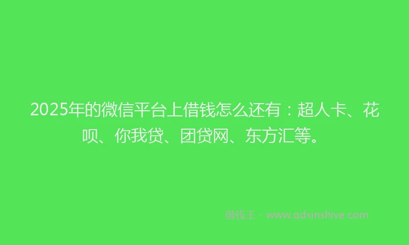 2025年的微信平台上借钱怎么还有：超人卡、花呗、你我贷、团贷网、东方汇等。