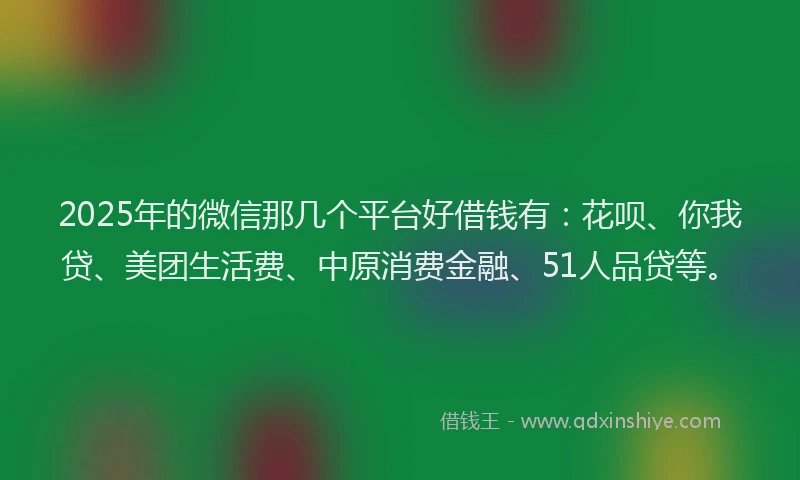 2025年的微信那几个平台好借钱有：花呗、你我贷、美团生活费、中原消费金融、51人品贷等。
