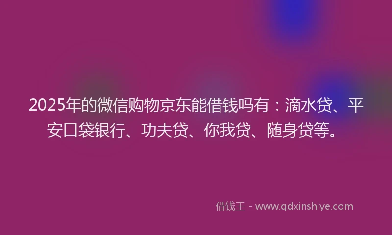 2025年的微信购物京东能借钱吗有：滴水贷、平安口袋银行、功夫贷、你我贷、随身贷等。
