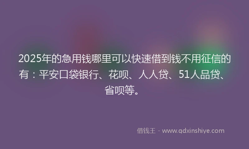2025年的急用钱哪里可以快速借到钱不用征信的有：平安口袋银行、花呗、人人贷、51人品贷、省呗等。