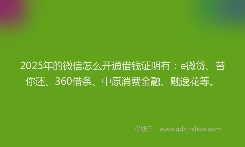 2025年的微信怎么开通借钱证明有：e微贷、替你还、360借条、中原消费金融、融逸花等。