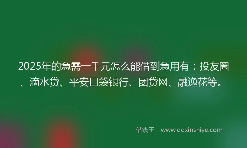 2025年的急需一千元怎么能借到急用有：投友圈、滴水贷、平安口袋银行、团贷网、融逸花等。
