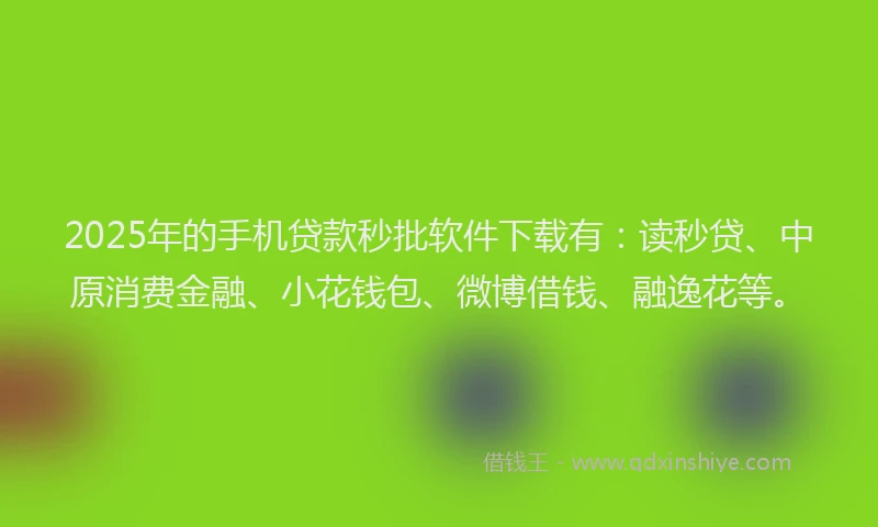 2025年的手机贷款秒批软件下载有：读秒贷、中原消费金融、小花钱包、微博借钱、融逸花等。