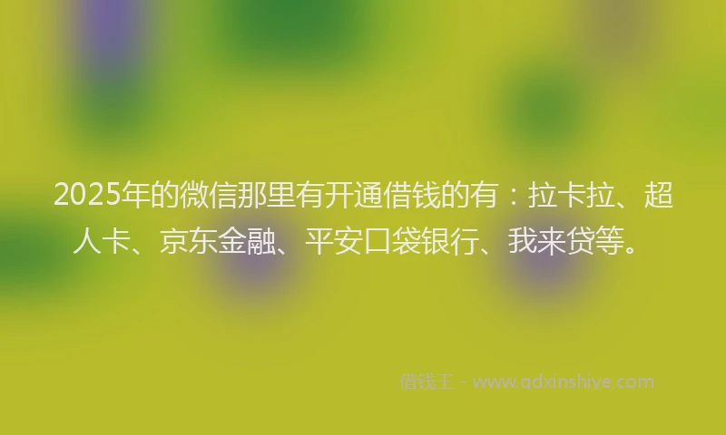 2025年的微信那里有开通借钱的有：拉卡拉、超人卡、京东金融、平安口袋银行、我来贷等。