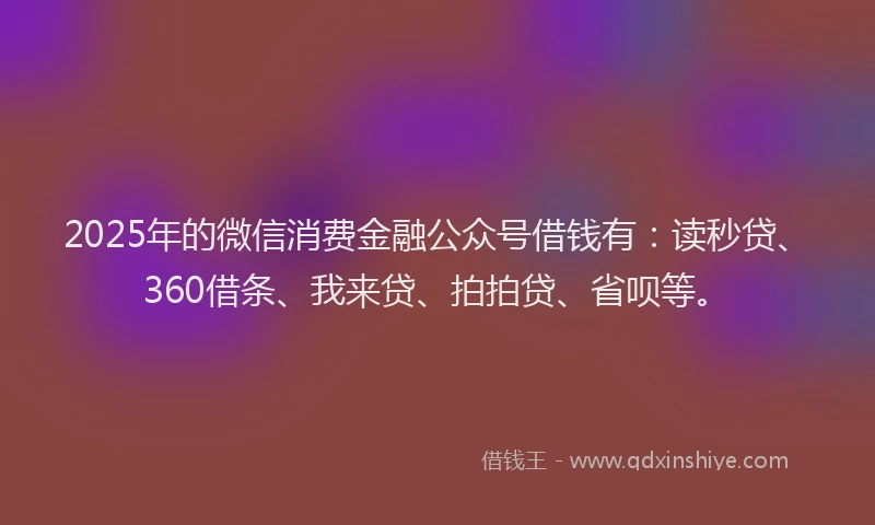 2025年的微信消费金融公众号借钱有：读秒贷、360借条、我来贷、拍拍贷、省呗等。