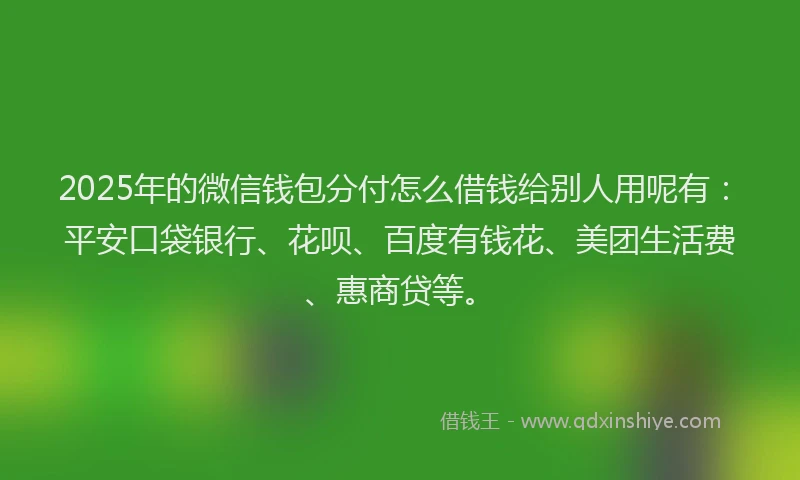 2025年的微信钱包分付怎么借钱给别人用呢有：平安口袋银行、花呗、百度有钱花、美团生活费、惠商贷等。