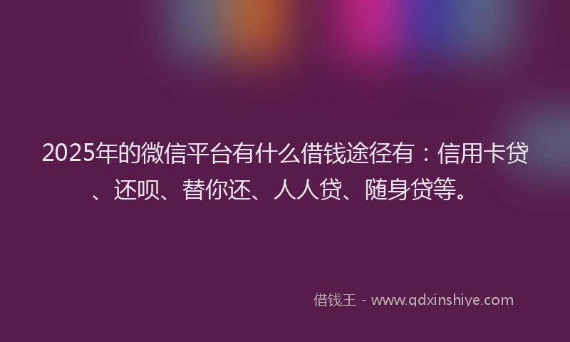 2025年的微信平台有什么借钱途径有：信用卡贷、还呗、替你还、人人贷、随身贷等。