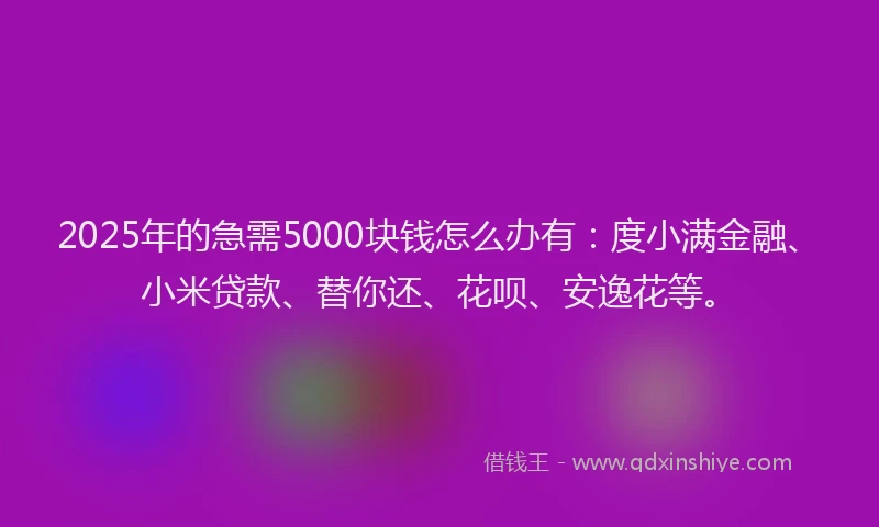 2025年的急需5000块钱怎么办有：度小满金融、小米贷款、替你还、花呗、安逸花等。