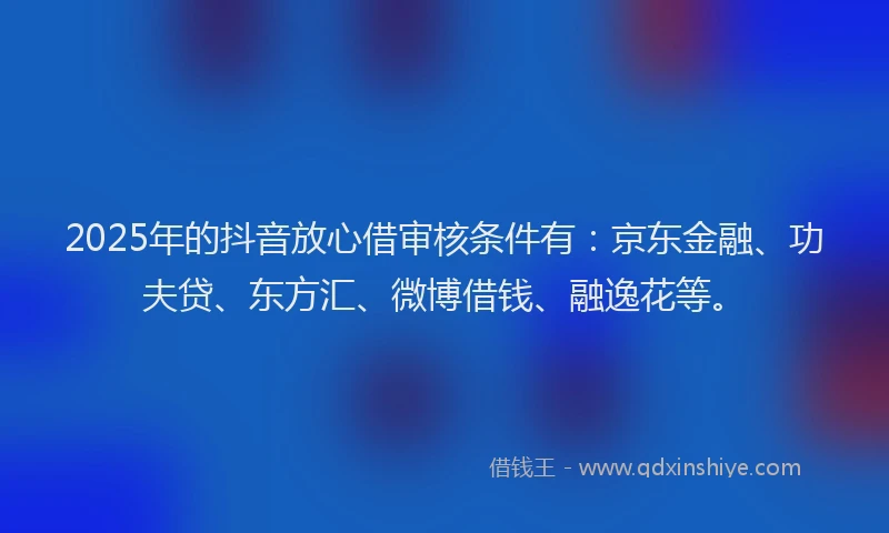 2025年的抖音放心借审核条件有：京东金融、功夫贷、东方汇、微博借钱、融逸花等。