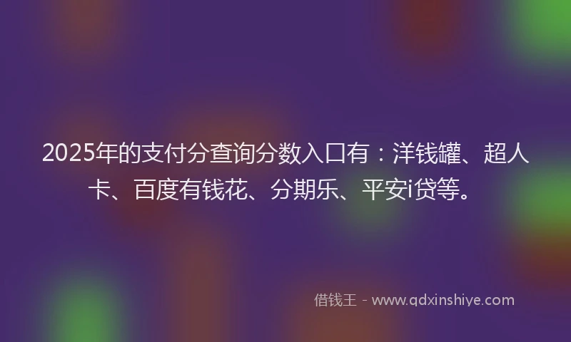 2025年的支付分查询分数入口有：洋钱罐、超人卡、百度有钱花、分期乐、平安i贷等。