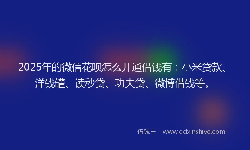 2025年的微信花呗怎么开通借钱有：小米贷款、洋钱罐、读秒贷、功夫贷、微博借钱等。