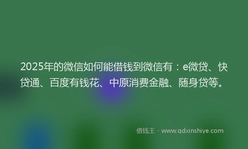 2025年的微信如何能借钱到微信有：e微贷、快贷通、百度有钱花、中原消费金融、随身贷等。
