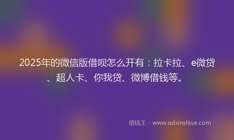 2025年的微信版借呗怎么开有：拉卡拉、e微贷、超人卡、你我贷、微博借钱等。