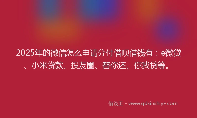 2025年的微信怎么申请分付借呗借钱有：e微贷、小米贷款、投友圈、替你还、你我贷等。
