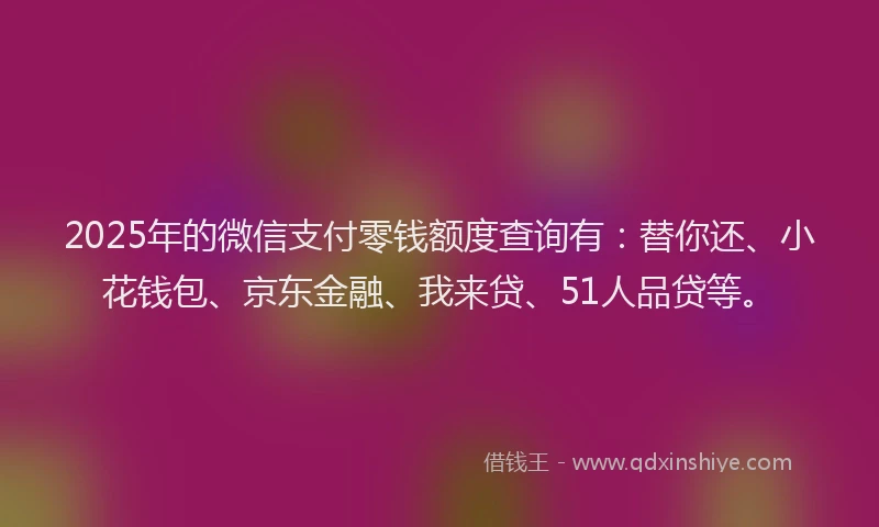 2025年的微信支付零钱额度查询有：替你还、小花钱包、京东金融、我来贷、51人品贷等。