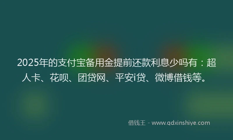 2025年的支付宝备用金提前还款利息少吗有：超人卡、花呗、团贷网、平安i贷、微博借钱等。