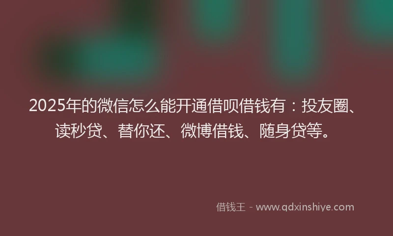 2025年的微信怎么能开通借呗借钱有：投友圈、读秒贷、替你还、微博借钱、随身贷等。