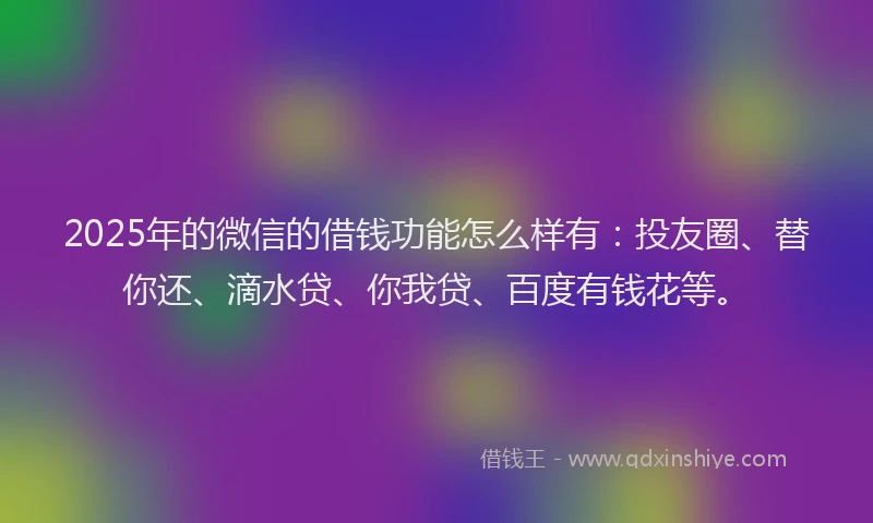 2025年的微信的借钱功能怎么样有：投友圈、替你还、滴水贷、你我贷、百度有钱花等。