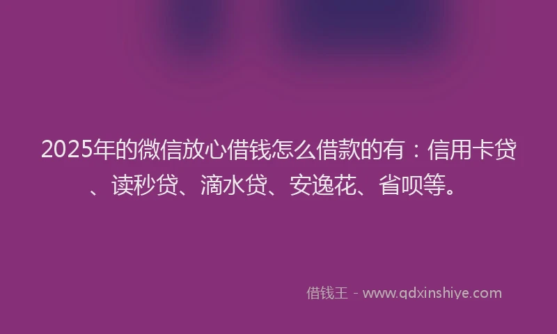 2025年的微信放心借钱怎么借款的有：信用卡贷、读秒贷、滴水贷、安逸花、省呗等。