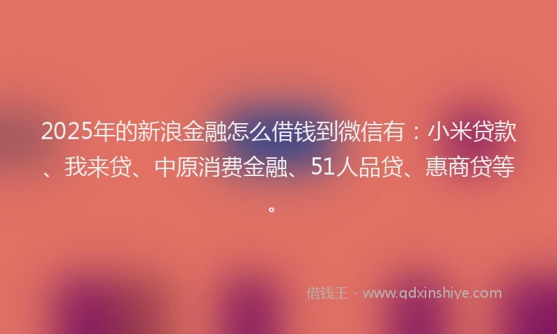 2025年的新浪金融怎么借钱到微信有：小米贷款、我来贷、中原消费金融、51人品贷、惠商贷等。