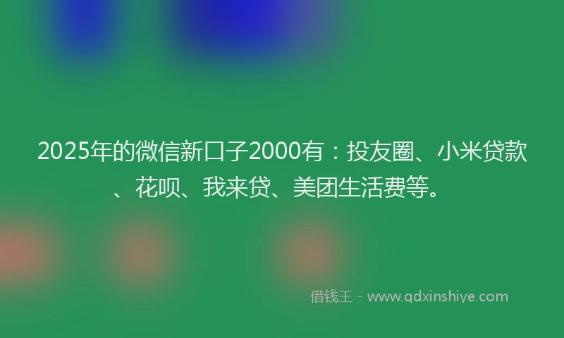 2025年的微信新口子2000有：投友圈、小米贷款、花呗、我来贷、美团生活费等。