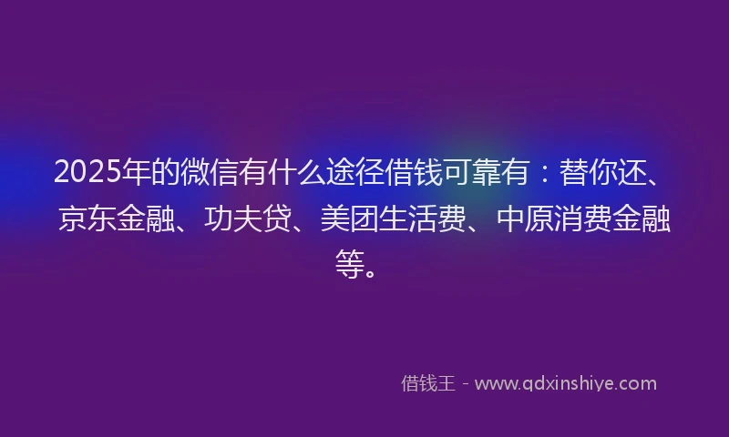 2025年的微信有什么途径借钱可靠有：替你还、京东金融、功夫贷、美团生活费、中原消费金融等。