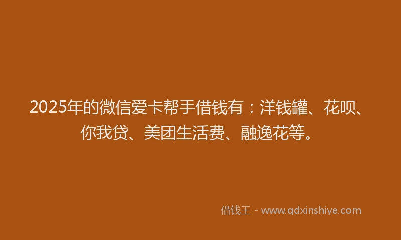 2025年的微信爱卡帮手借钱有：洋钱罐、花呗、你我贷、美团生活费、融逸花等。