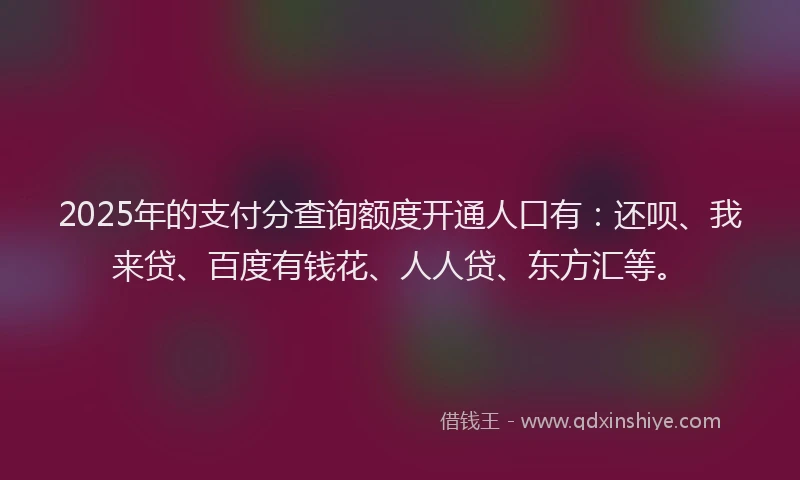 2025年的支付分查询额度开通人口有：还呗、我来贷、百度有钱花、人人贷、东方汇等。