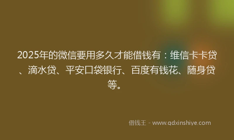 2025年的微信要用多久才能借钱有：维信卡卡贷、滴水贷、平安口袋银行、百度有钱花、随身贷等。