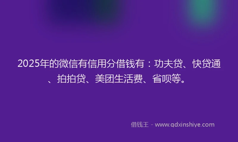 2025年的微信有信用分借钱有：功夫贷、快贷通、拍拍贷、美团生活费、省呗等。